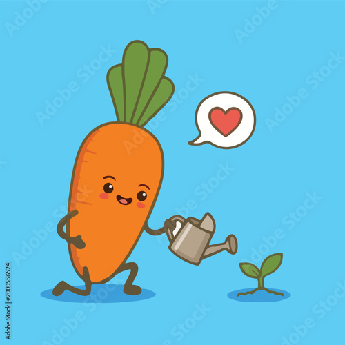 Happy Carrot Character Watering Seedling Plant, Cute Kawaii Vegetable Mascot with Heart Speech Bubble, Flat Design Illustration