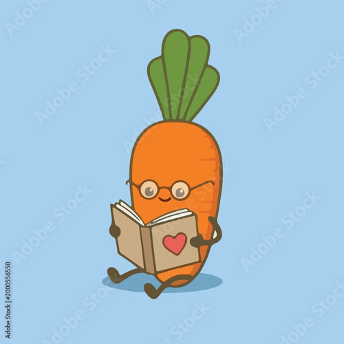 Adorable Smart Carrot Mascot Reading Book Wearing Glasses, Funny Kawaii Vegetable Character with Heart Book, Cute Cartoon Clipart Sticker