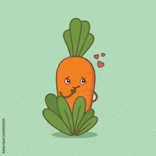 Adorable Blushing Carrot Mascot in Love Surrounded by Green Leaves and Hearts, Kawaii Cute Vegetable Character, Valentine Cartoon Clipart Sticker