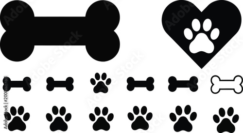 Collection of Black Dog Bone Silhouettes and Animal Paw Prints with Heart Icon Isolated on White Background for Pet Shop Branding Designs
