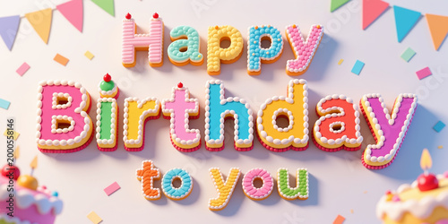 Vibrant, colorful cookies forming Happy Birthday to You message, surrounded by pastel confetti, celebrating a birthday in a playful, whimsical style with soft pastel background.