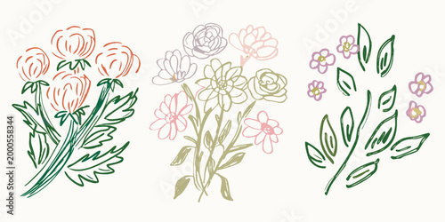 three floral clusters with delicate petals and green leaves on white background high quality professional