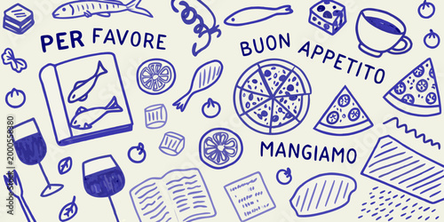 hand drawn illustration of italian food items with phrases on light background high quality professional