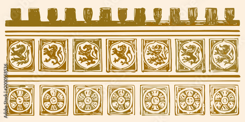 heraldic frames with lions and floral designs in gold and cream high quality professional detailed