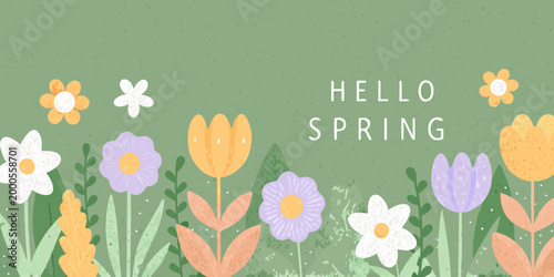 hello spring text with colorful flowers on green background high quality professional detailed modern elegant