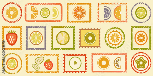 colorful fruit stamps with strawberries citrus slices and decorative frames high quality professional detailed modern