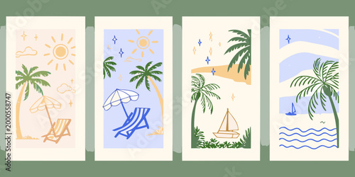 four minimalist summer themed cards with palm trees beach chairs and sailboats high quality professional