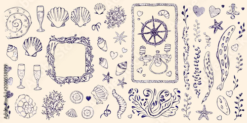 marine fantasy elements with shells hearts and decorative frames high quality professional detailed modern elegant