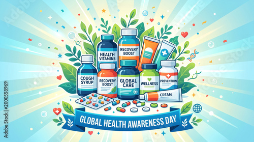 Global health awareness day concept with medicine bottles pills and natural elements representing wellness prevention healthcare support and healthy lifestyle banner design