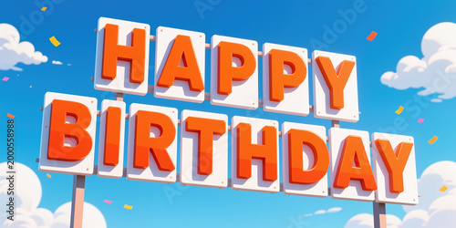 Vibrant birthday greeting in a playful, cartoonish style, set against a bright blue sky with fluffy white clouds and colorful confetti, perfect for celebrations.