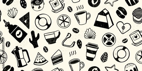 coffee themed doodle pattern with cups beans and accessories high quality professional detailed modern elegant