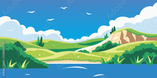 vector illustration of tranquil natural landscape with rolling hills and blue sky high quality professional