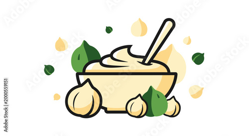 Garlic Bowl with Cloves and Fresh Herbs Illustration.