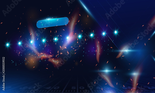 Futuristic stadium lights background with fire sparks on dark football field for sports event promotion and dynamic broadcast design.

