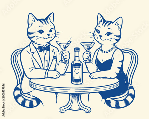 Elegant cat couple having a romantic dinner with martinis and wine