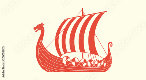 Konstfotografi Red Viking Longship Silhouette Illustration with Dragon Prow and Striped Sail on