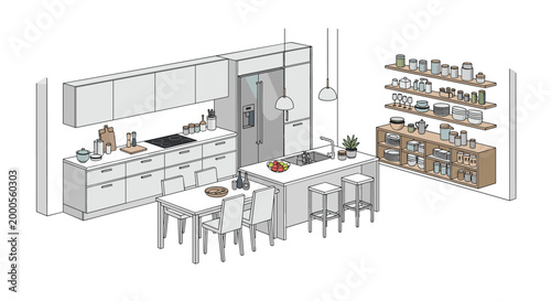 Isometric illustration of a modern kitchen with white cabinets, a large island with a sink, a dining table, a refrigerator, and open shelving.