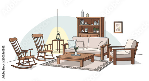 Illustration of a rustic living room featuring a wooden sofa, a matching armchair, two rocking chairs, a coffee table, and a large display cabinet.