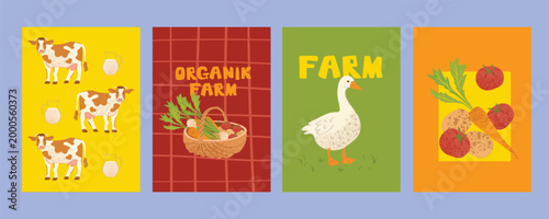 Farm Animals and Dairy Poster Set for Organic Shop Branding, Farmers Market Signage and Local Farm Advertising with Cow, Milk and Poultry