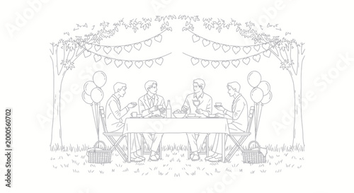 Konstfotografi Four men enjoy a meal outdoors under festive decorations.