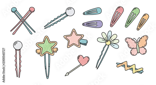 A collection of various pastel-colored hairpins and hair clips in different shapes and styles, including bobby pins, snap clips, and decorative accessories.