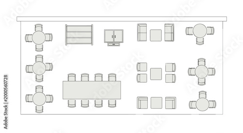 Top down view illustration of a restaurant or cafeteria floor plan featuring various table and chair arrangements, shelves, and cabinets.