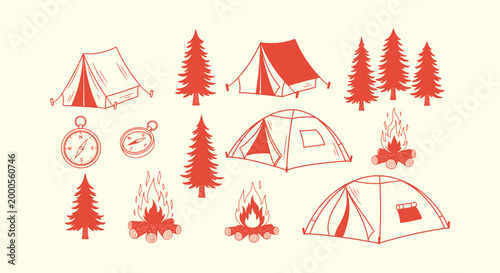 Vintage hand drawn camping and outdoor adventure set with tents pine trees compasses and campfires