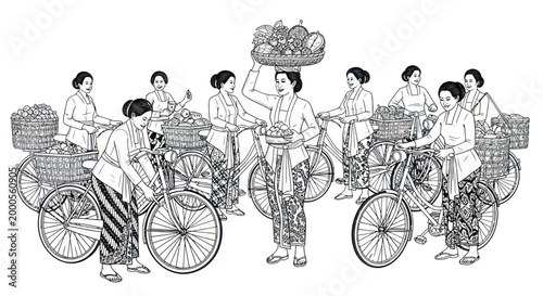 Indonesian women in traditional kebaya selling fruit on vintage bicycles line art illustration