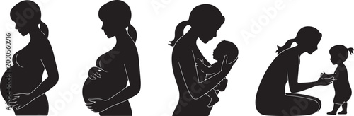 Collection of three silhouettes representing stages of motherhood from pregnancy to nursing newborn and walking with toddler showing journey of parenthood and family life. Pregnancy to Child Care  