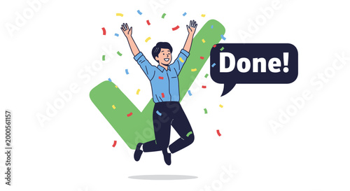 Slika na platnu Man Celebrating with Confetti and Checkmark.