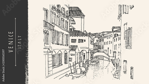 Venice Italy sketch postcard. Canal city, gondola boat, bridge, balcony houses, waterfront view. Mediterranean nautical scene. Vintage hand drawn vector illustration, line art, romantic poster bg