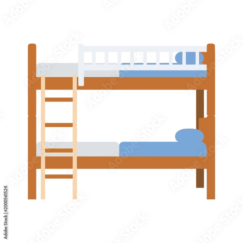 Vector illustration of a wooden bunk bed with two blue mattresses and pillows