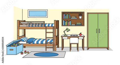Illustration of a shared children's bedroom featuring a wooden bunk bed, a small desk with a chair, a bookshelf, and a large green wardrobe.