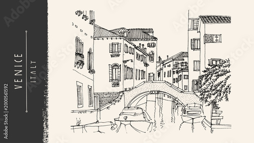 Venice Italy sketch postcard. Canal city, gondola boat, bridge, old street, waterfront view. Vintage handdrawn vector illustration, line art, romantic architecture, travel poster watercolor background