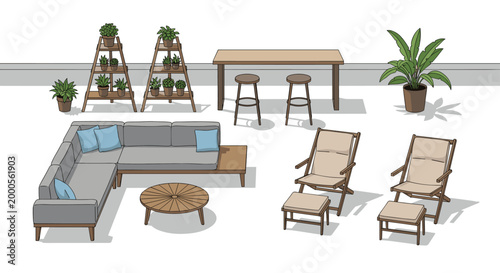 Isometric illustration of a large outdoor terrace featuring a sectional sofa, lounge chairs, a bar table with stools, and several plant racks.