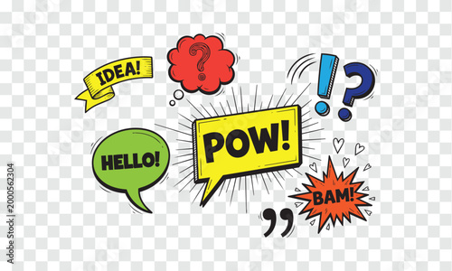 Comic Speech Bubbles Pop Art Vector Set Hand Drawn Communication Elements, Idea, POW!, BAM! and Hello!