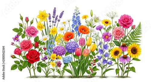Colorful Summer Garden Flowers Border Illustration with Roses Sunflowers and Tulips Isolated on White Background