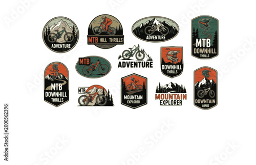 Downhill Mountain Bike Logo Sticker. Hand Drawn Adventure MTB Badge and Outdoor Label.