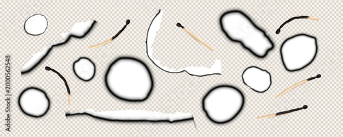 Paper burnt match, hole and strokes vector set, charred overlay effect, burned paper border with scorched edges and ash