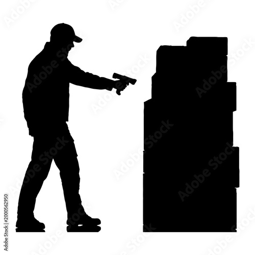 Person silhouette aiming gun at a stack of files or documents in a professional setting editable vector silhouette