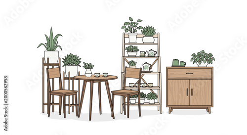 Elegant dining area features wooden table, chairs, tall plant ladder shelf, and matching sideboard in a minimalist home setting.