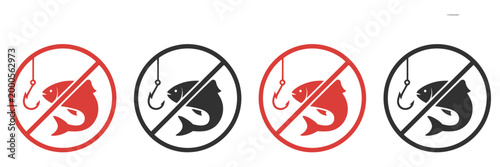 No fishing icon, prohibition fish hook graphics, ban warning silhouette symbols, restricted area sign, vector illustration
