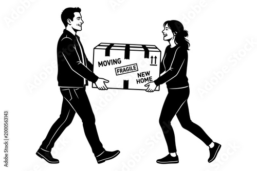 Couple carrying a fragile moving box labeled new home with happy expressions editable vector silhouette