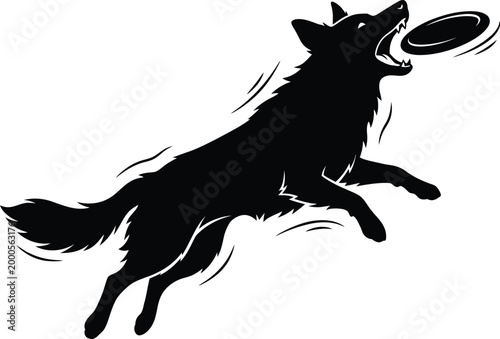 Black silhouette of a wolf midair catching a frisbee with dynamic movement and sharp details editable vector silhouette