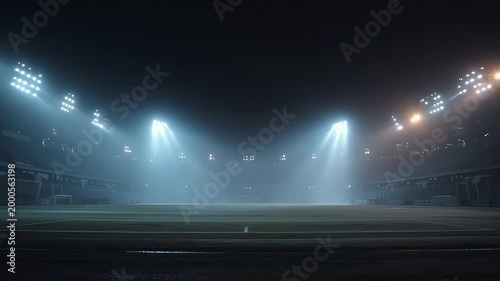 Empty Football Stadium Pitch at Night with Bright Floodlights and Thick Fog