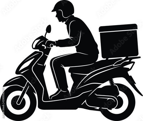 Delivery person riding scooter with insulated delivery box for food or packages editable vector silhouette