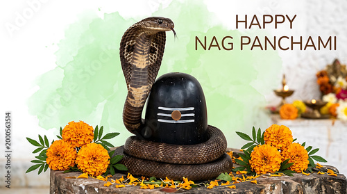 A Serpent guardian coils around a sacred Shiva Lingam adorned with marigold blossoms and devotional offerings for a joyous festival celebration symbolizing divine protection and spiritual