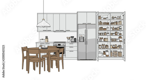 Modern kitchen and dining space with round wooden table, matching chairs, tall pantry cupboards, and double door refrigerator.