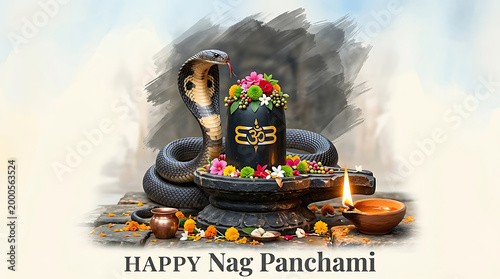 Serpent coiled around a decorated stone altar with a deity symbol luminous diya and floral arrangements celebrating a sacred Hindu festival honoring serpent deities and Shiva worship with