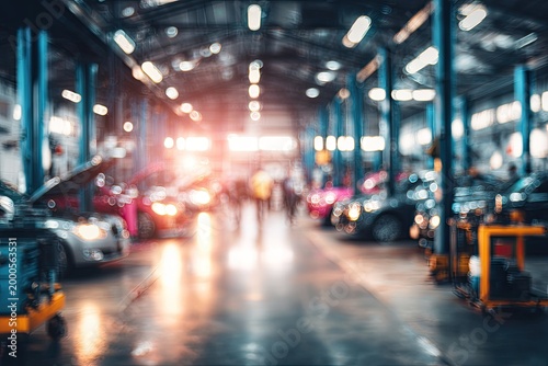 A blurred perspective captures the bustling atmosphere within a large industrial garage or automotive repair facility, filled with vehicles and equipment.